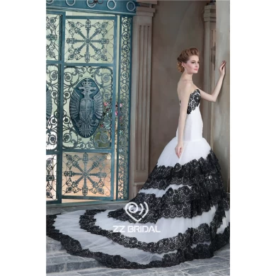 High custom made black lace appliqued layered sweetheart neckline ruffled mermaid wedding dress manufacturer