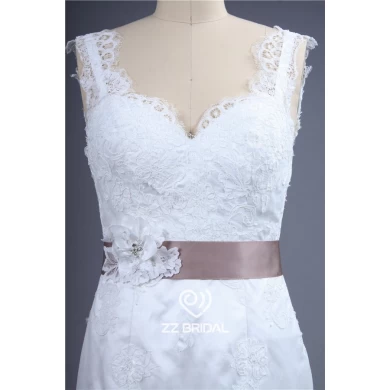 High custom made spaghetti strap with lace backless belt handmade flower mermaid wedding dress