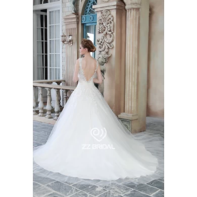 High custom made v-neck sash with beadings backless a-line wedding dress made in China