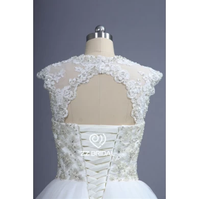 High end cap sleeve beaded lace -up princess wedding gown made in China