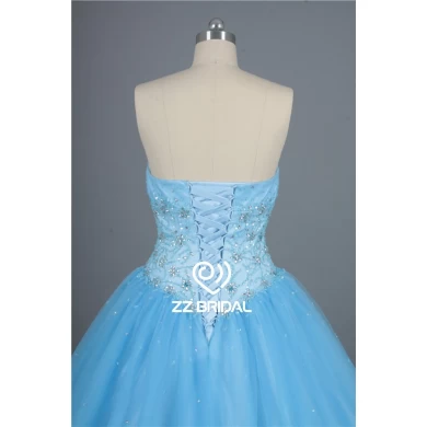 High-End-Mädchen Party-Kleid gekräuselten Perlen Spitzen-up blau quinceanera Kleid