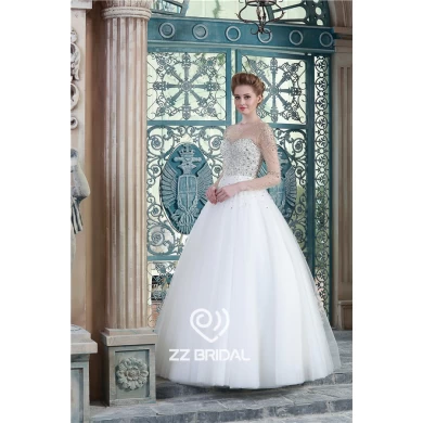 High quality long tulle sleeve scoop neckline beaded diamonds bridal dress supplier