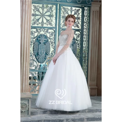 Alta qualità lungo tulle manica paletta neckline diamanti perline fornitore abito da sposa