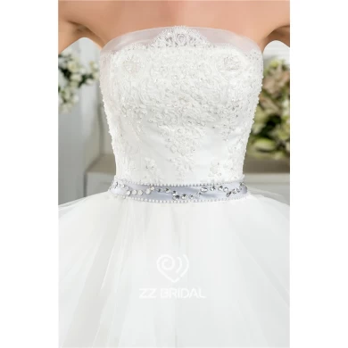 High quality tulle layered strapless belt appliqued beaded ball gown wedding dress made in China