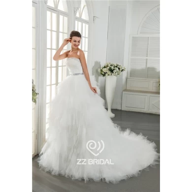 High quality tulle layered strapless belt appliqued beaded ball gown wedding dress made in China