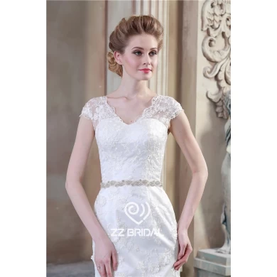 Hot online v-neck see through back cap sleeve lace bottom mermaid wedding dress