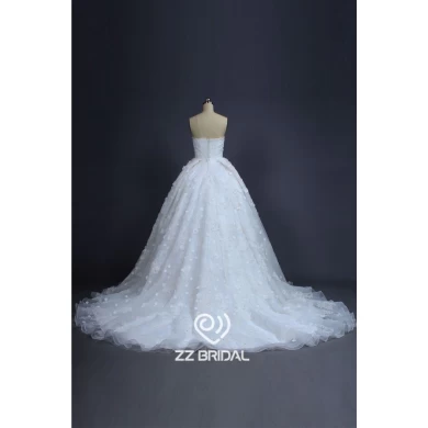 Hot venda on-line sem alças de organza vestido de casamento da princesa frisada com flores artesanais China