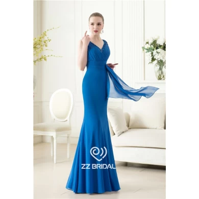Hot v-neck and v-back beaded blue chiffon mermaid evening dress supplier