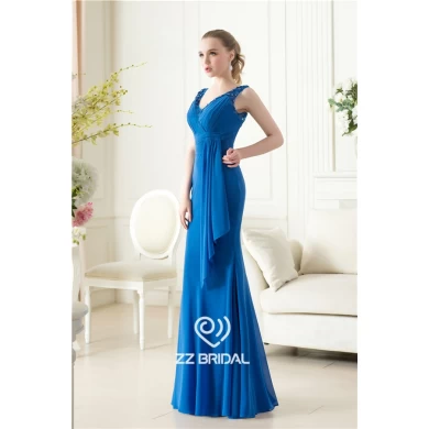 Hot v-cou et v-back perles bleu mousseline sirène robe de soirée avec le fournisseur