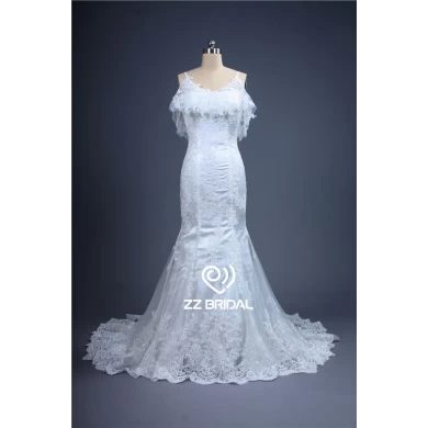 Последние разработки Китай спагетти ремень V-обратно кружева свадебное платье аппликация стиль русалка
