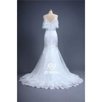 Последние разработки Китай спагетти ремень V-обратно кружева свадебное платье аппликация стиль русалка