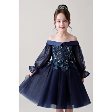 Latest design princess off shoulder dark blue baby girls dress 3-8 Y design