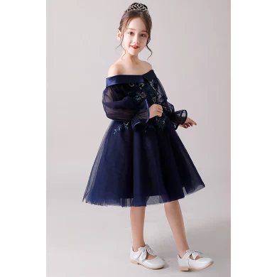 Latest design princess off shoulder dark blue baby girls dress 3-8 Y design