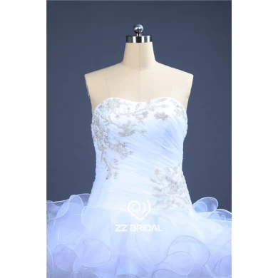 Latest design ruffled beaded strapless organza layered ball gown wedding dress China
