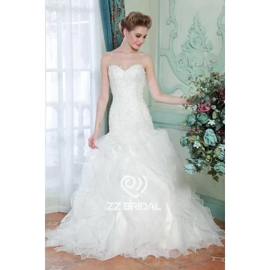 Layered organza sweetheart lace appliqued beaded lace-up mermaid bridal dress China