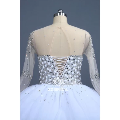 Luxuoso frisado decote colher manga longa fabricante vestido de baile vestido de casamento da princesa