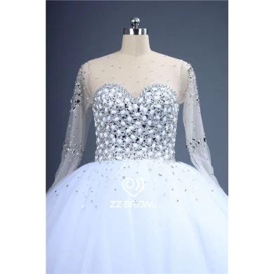 Lussuoso perline scollo rotondo manica lunga produttore abito da ballo abito da sposa della principessa