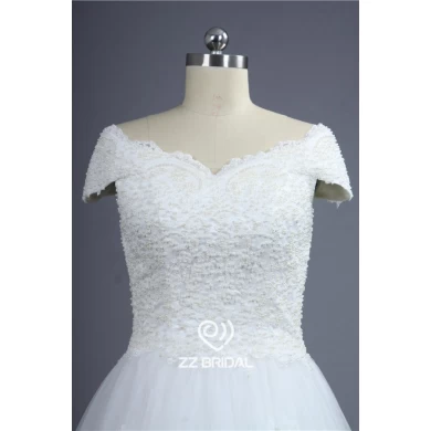 Luxurious cap sleeve full bodice pearls lace bottom A-Line wedding dress manufacturer