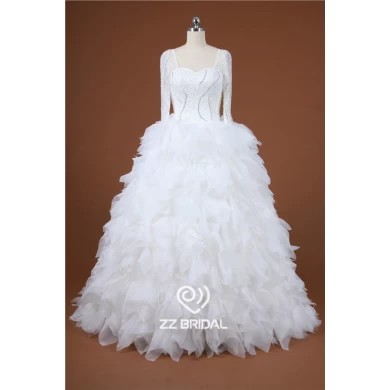 Lujoso de manga larga con cuentas de organza vestido de fiesta en capas fabricante vestido de novia