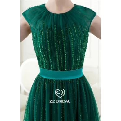 Luxueux manches courtes o-cou en perles paillettes vert foncé longue robe de soirée de la Chine