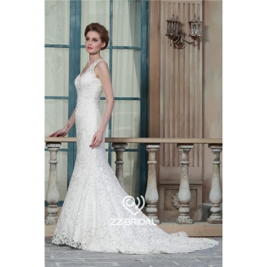 Mermaid style full bodice guipure lace appliqued sleeveless v-neck and v-back wedding dress