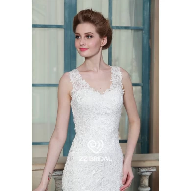 Mermaid style full bodice guipure lace appliqued sleeveless v-neck and v-back wedding dress