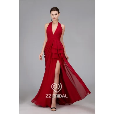 Most fashionable V-neck halter ruffled clare-red long evening gown manufacturer