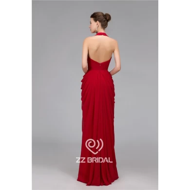 Most fashionable V-neck halter ruffled clare-red long evening gown manufacturer