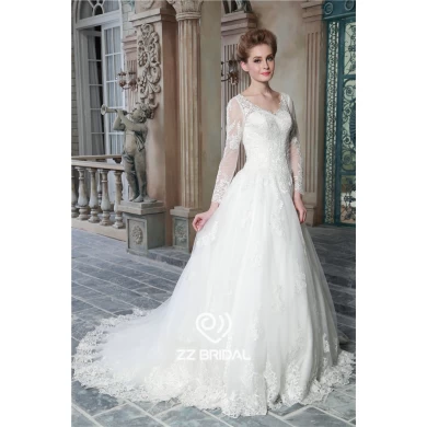 New arrival long sleeve v-neck lace appliqued a-line bridal dress supplier