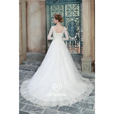 New arrival long sleeve v-neck lace appliqued a-line bridal dress supplier