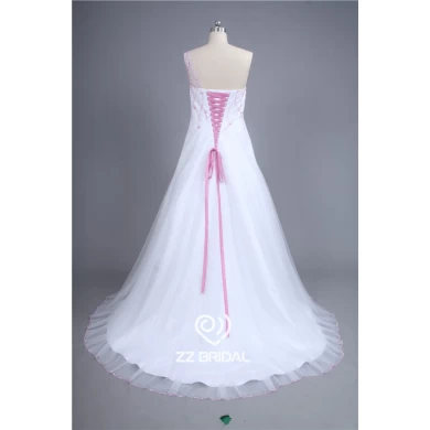 中国制造新款粉红色亮片系带A字婚纱礼服制作