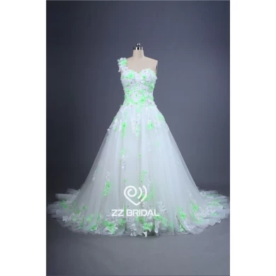 Neu-Schulter-Schatzausschnitt mit handgemachten grünen Blumen-Hochzeitskleid appliqued