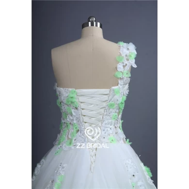 New one shoulder sweetheart neckline appliqued with handmade green flowers wedding dress