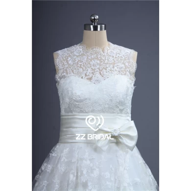 Nueva ilusión estilo copia de una línea de vestido de novia de encaje con el proveedor del bowknot