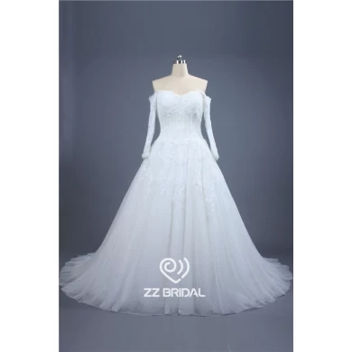 Новый стиль с длинным рукавом плеча бисером кружево аппликация-Line свадебное платье