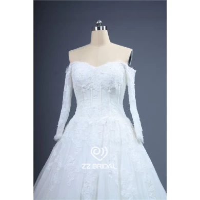 Новый стиль с длинным рукавом плеча бисером кружево аппликация-Line свадебное платье