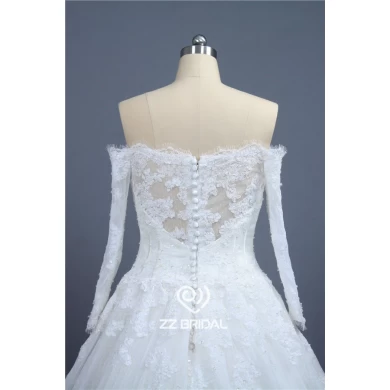 Nuevo estilo largo de encaje con cuentas hombro manga fuera appliqued una línea de vestido de novia