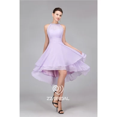 新款无袖紫色串珠雪纺膝盖长度晚礼服派对