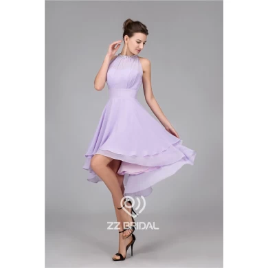 新款无袖紫色串珠雪纺膝盖长度晚礼服派对