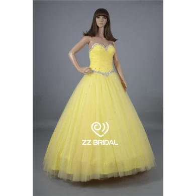 Vestido de fiesta hecha en China con cuentas escote corazón con cordones vestido de fiesta de color amarillo