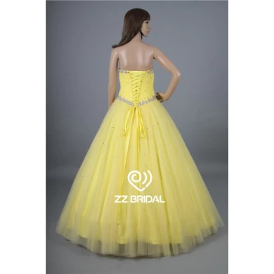 Juhlamekko valmistettu Kiinassa kultaseni pääntie helmillä pitsi-up keltainen kävelyttää mekko