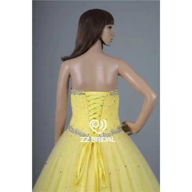 Partido vestido feito na China decote frisado lace-up vestido de baile amarelo
