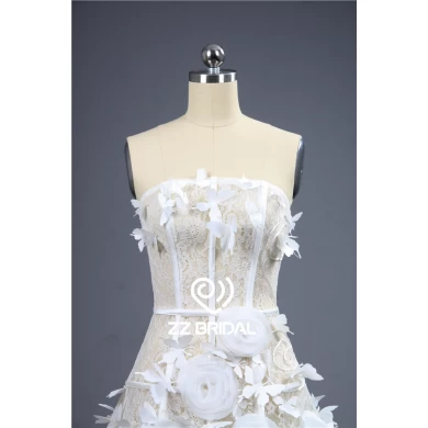 纯白色露肩手工花和蝴蝶结短晚礼服中国制造