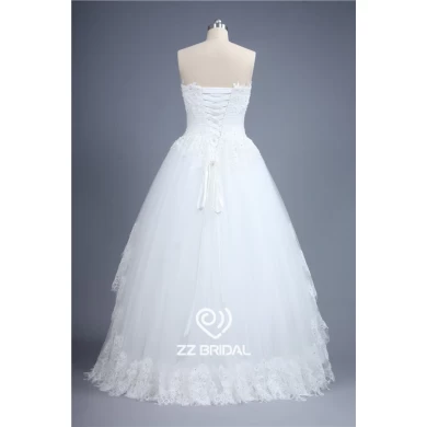 Immagini reali abito da sposa in rilievo fondo pizzo appliqued scollo a cuore in pizzo A-line