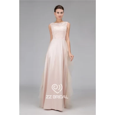 Real pictures beaded scoop neckline sleeveless champagne long evening dress supplier