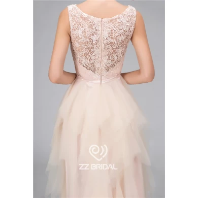 Real pictures beaded scoop neckline sleeveless champagne long evening dress supplier