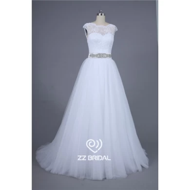 Reale Abbildungen mit Flügelärmeln Perlen Gürtel v-back weiche Spitze a-line Hochzeitskleid Hersteller