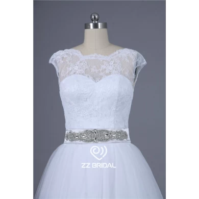 Real pictures cap sleeve beaded belt v-back soft lace a-line wedding dress manufacturer