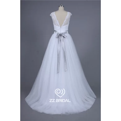 Reale Abbildungen mit Flügelärmeln Perlen Gürtel v-back weiche Spitze a-line Hochzeitskleid Hersteller