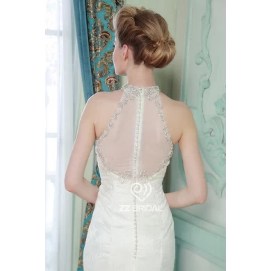 Sign sewing beads hanging neck sleeveless lace applique trailing fishtail wedding dress